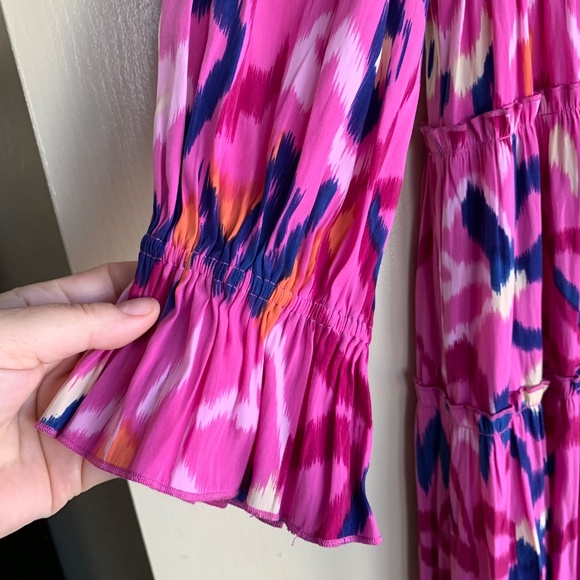 Chico's Pink Artsy Print Tiered Maxi Dress Sz.2 or 12 V- neck LS Lined Colorful - Picture 5 of 13
